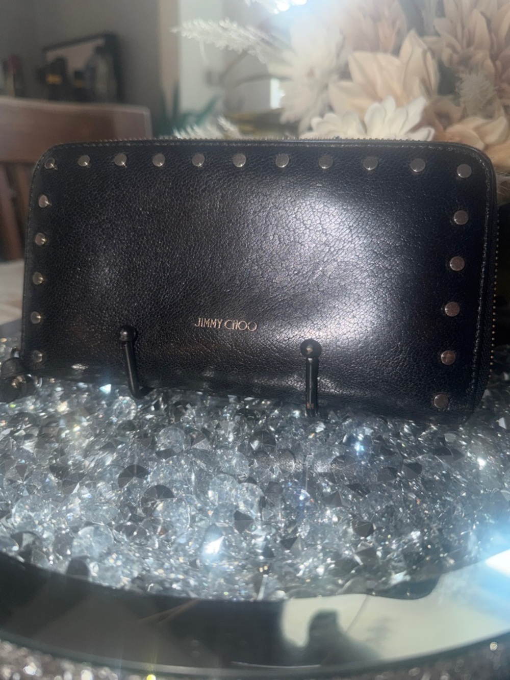 💯 Authentic Jimmy Choo Black Leather Zip Wallet with Gold Logo